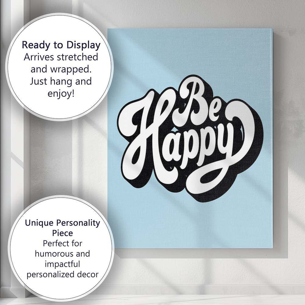 Be Happy Retro Typography Motivational Quote Canvas Wall Art Print Decor Picture Ready to Hang