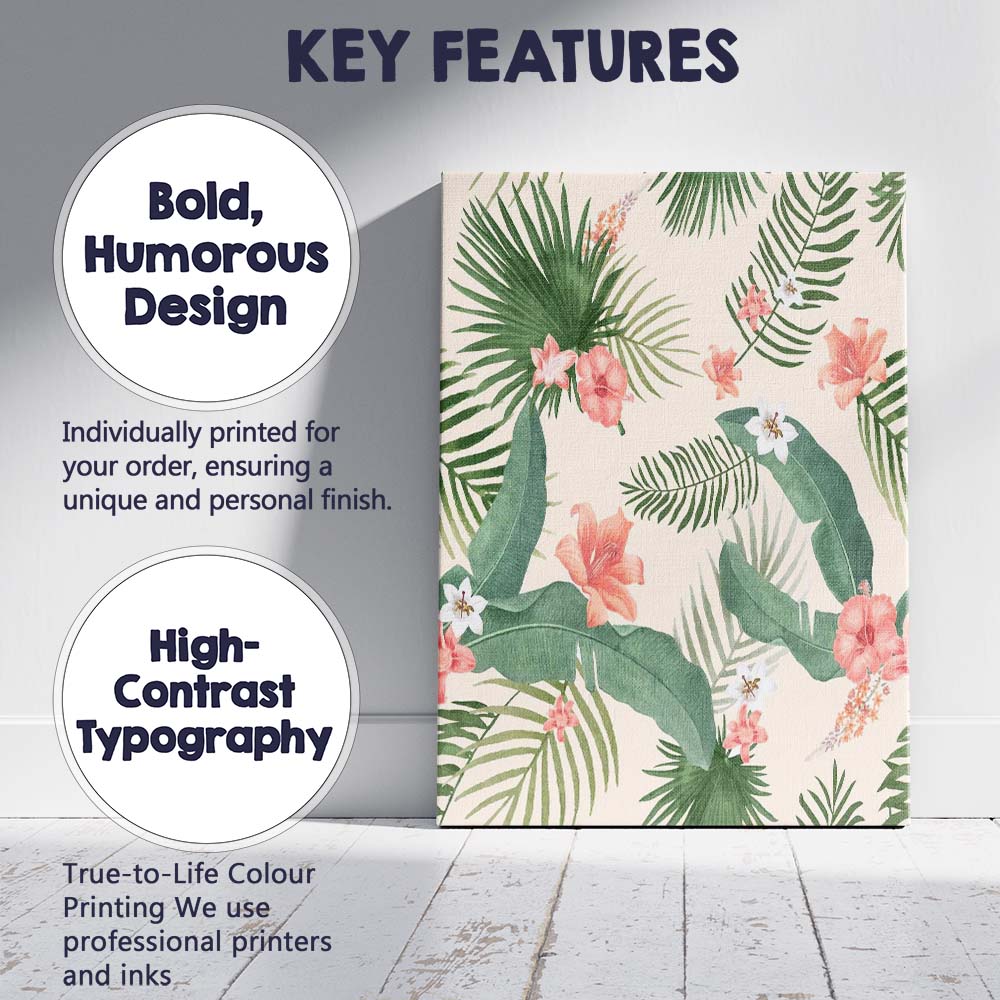 Watercolour Tropical Palm Leaves Coral Hibiscus Floral Pattern Canvas Wall Art Print Decor Picture Ready to Hang