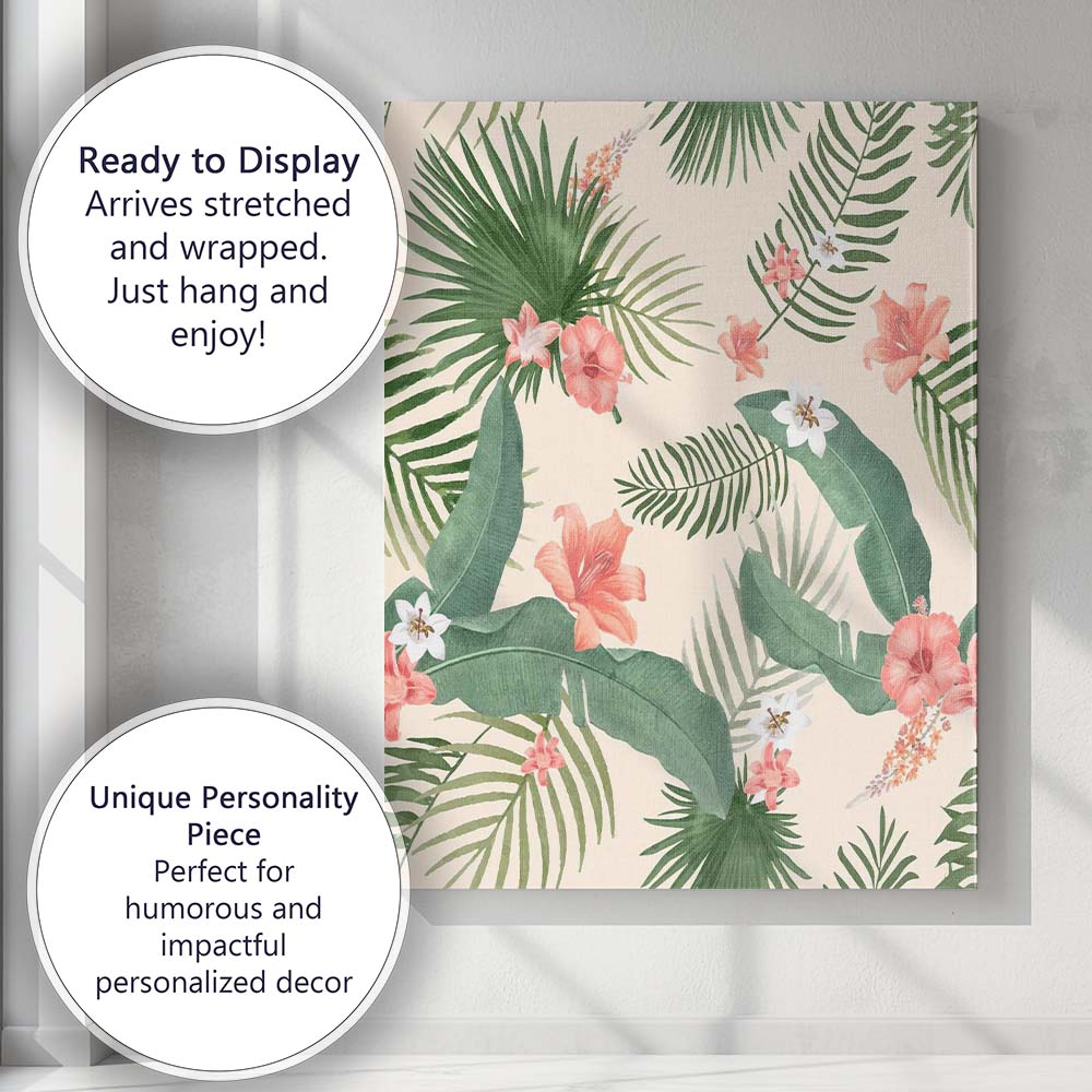Watercolour Tropical Palm Leaves Coral Hibiscus Floral Pattern Canvas Wall Art Print Decor Picture Ready to Hang