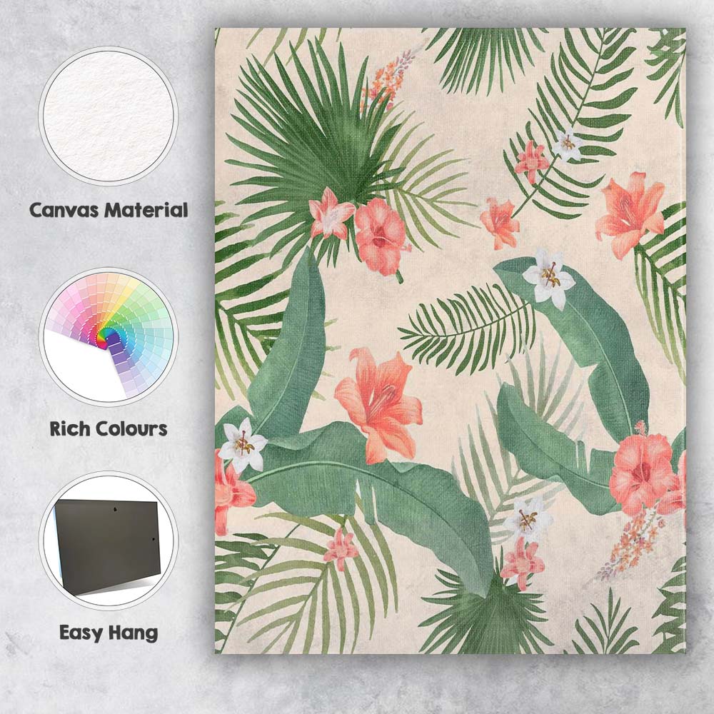 Watercolour Tropical Palm Leaves Coral Hibiscus Floral Pattern Canvas Wall Art Print Decor Picture Ready to Hang