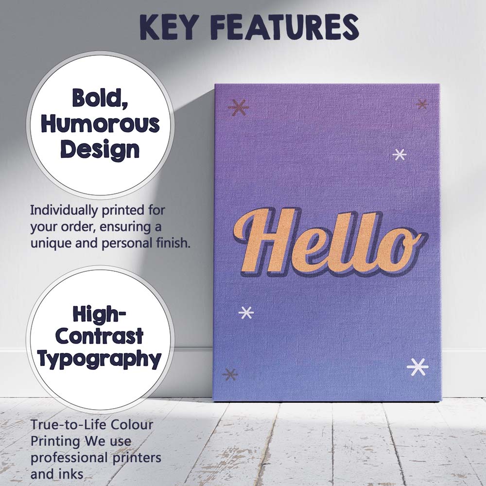 Retro Hello Typography Purple Blue Gradient Canvas Wall Art Print Decor Picture Ready to Hang