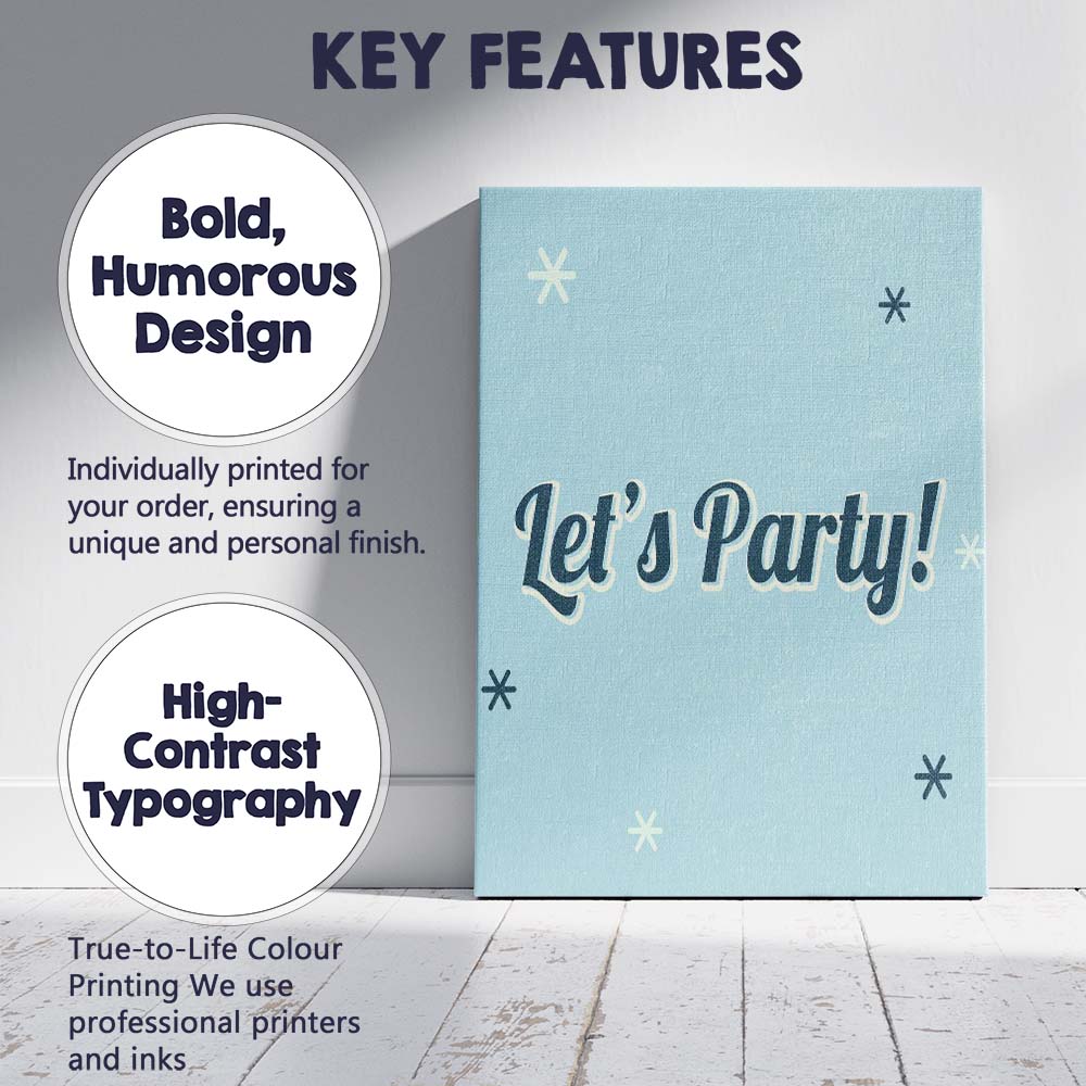 Retro Lets Party Celebration Typography Blue Canvas Wall Art Print Decor Picture Ready to Hang