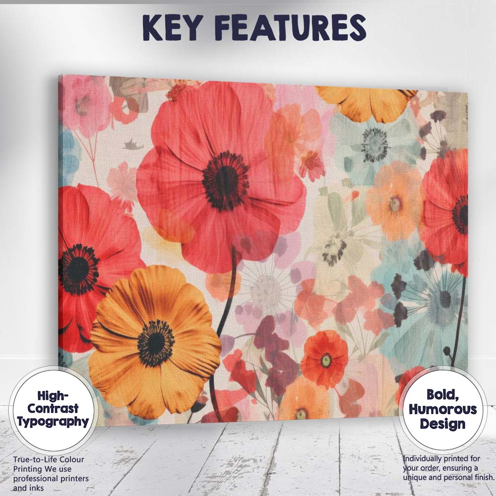Vibrant Watercolour Poppy Floral Botanical Collage Canvas Wall Art Print Decor Picture Ready to Hang
