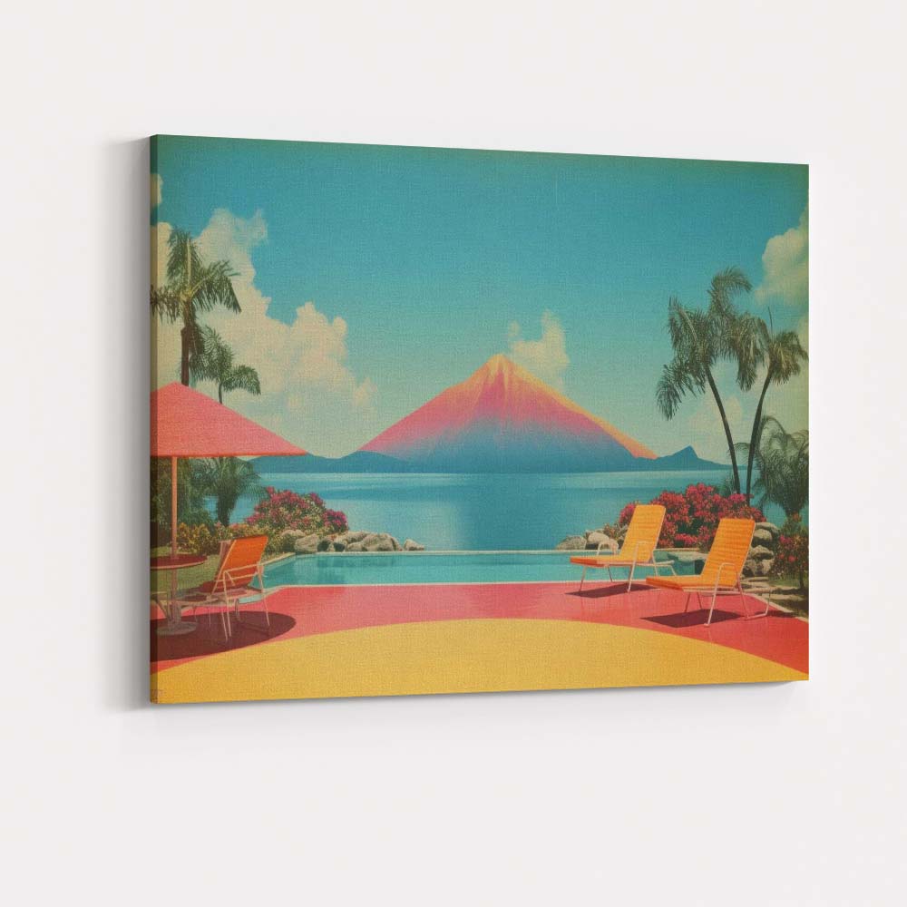 Retro Tropical Pool Volcano Paradise Travel Landscape Canvas Wall Art Print Decor Picture Ready to Hang