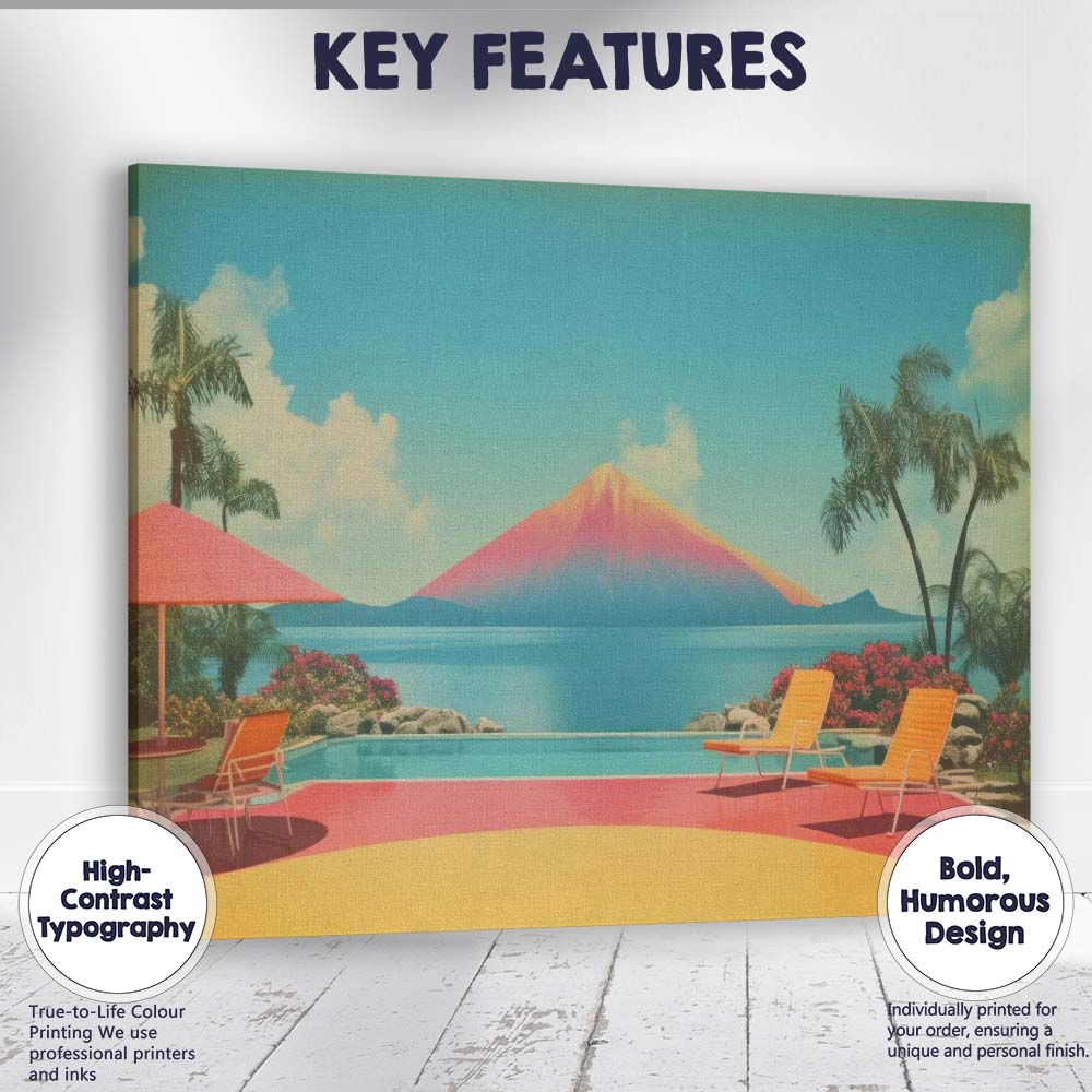 Retro Tropical Pool Volcano Paradise Travel Landscape Canvas Wall Art Print Decor Picture Ready to Hang