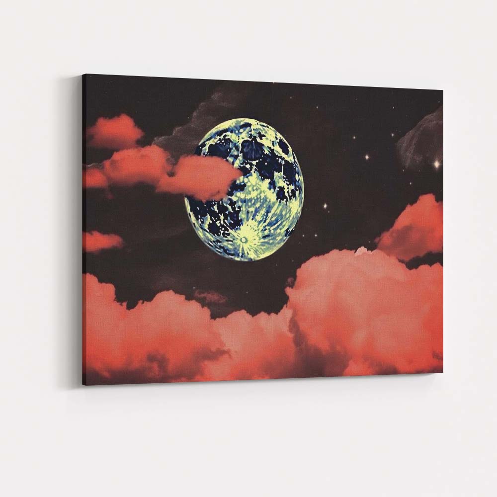 Dreamy Full Moon Pink Clouds Night Sky Landscape Canvas Wall Art Print Decor Picture Ready to Hang