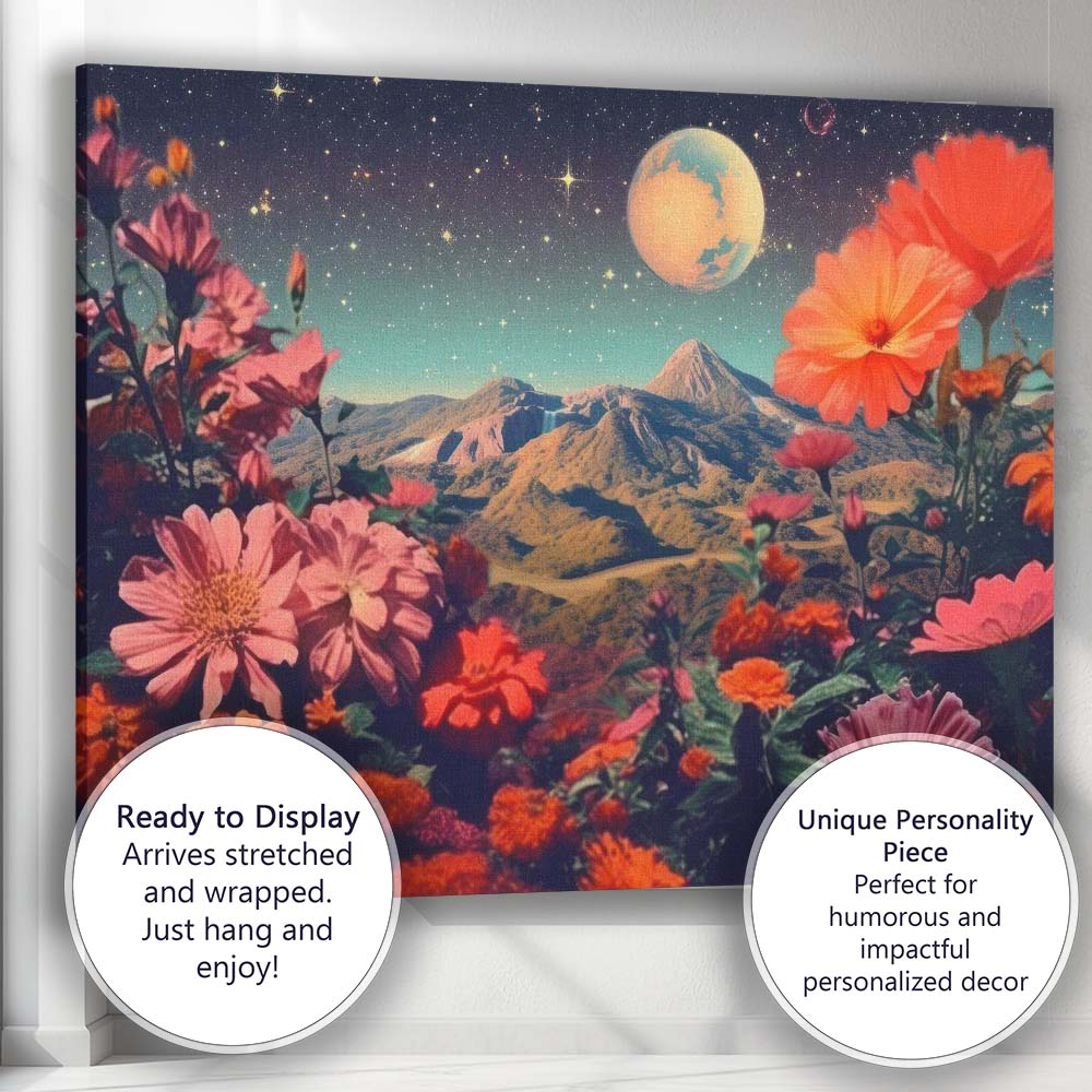 Celestial Floral Mountain Landscape Surreal Night Sky Canvas Wall Art Print Decor Picture Ready to Hang