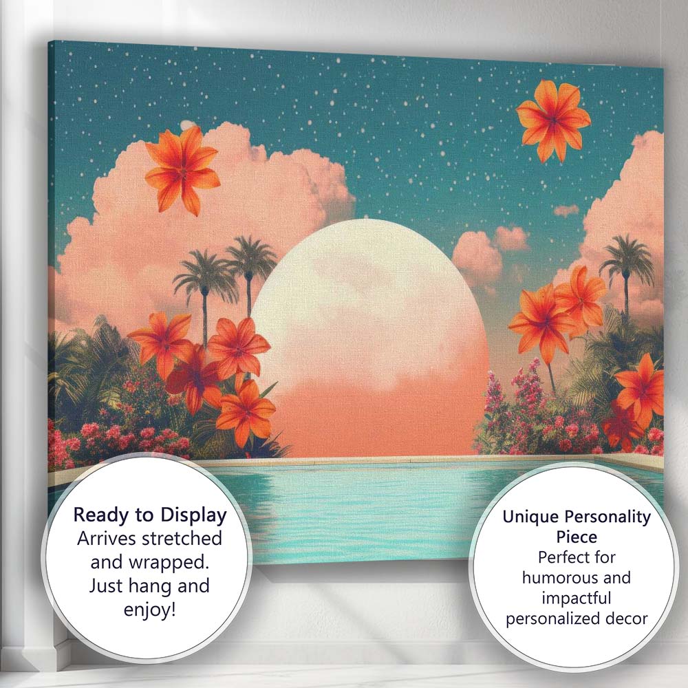 Tropical Floral Poolside Giant Moon Surreal Paradise Canvas Wall Art Print Decor Picture Ready to Hang