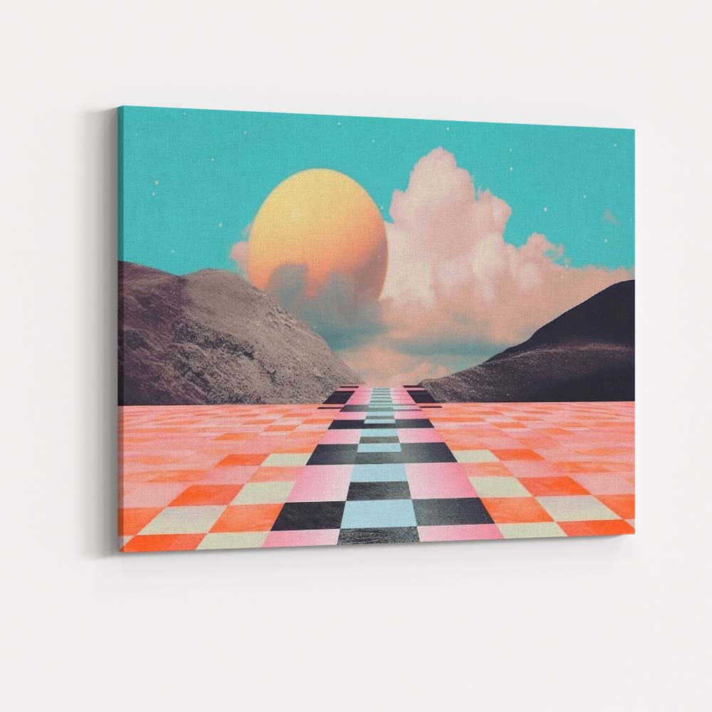 Retro Futuristic Checkerboard Path Dreamscape Landscape Canvas Wall Art Print Decor Picture Ready to Hang