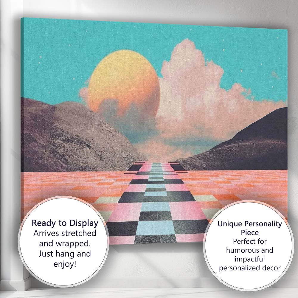Retro Futuristic Checkerboard Path Dreamscape Landscape Canvas Wall Art Print Decor Picture Ready to Hang