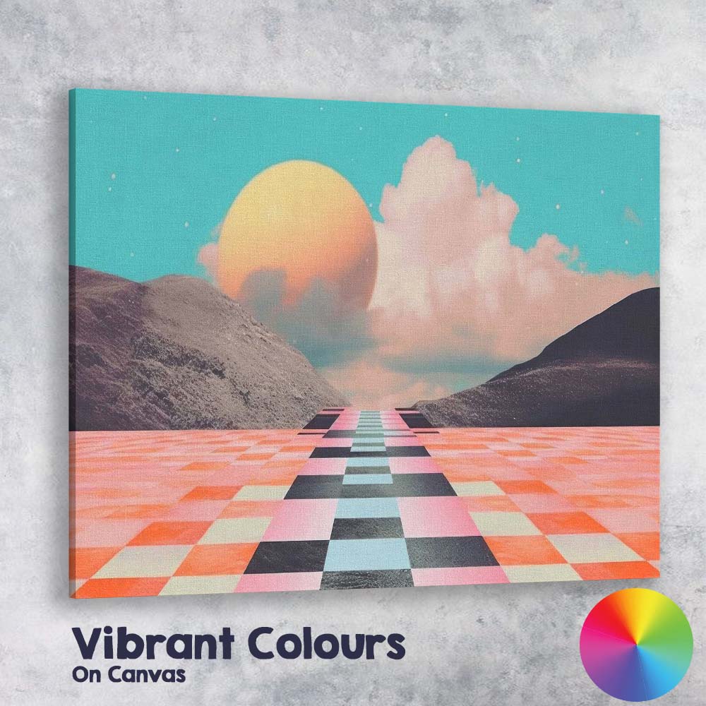 Retro Futuristic Checkerboard Path Dreamscape Landscape Canvas Wall Art Print Decor Picture Ready to Hang