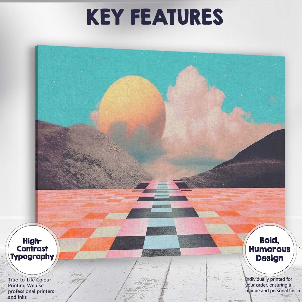 Retro Futuristic Checkerboard Path Dreamscape Landscape Canvas Wall Art Print Decor Picture Ready to Hang