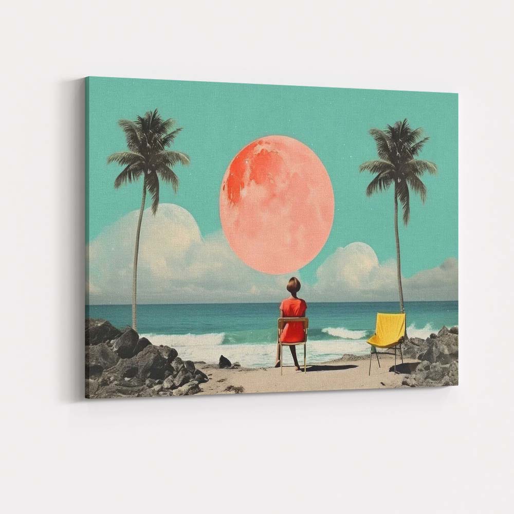 Dreamy Tropical Beach Pink Moon Coastal Landscape Canvas Wall Art Print Decor Picture Ready to Hang