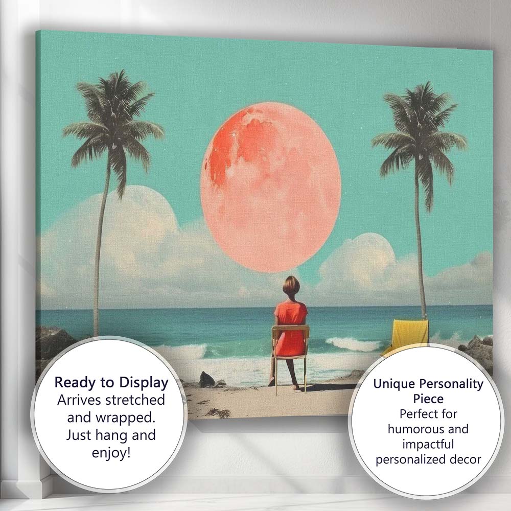 Dreamy Tropical Beach Pink Moon Coastal Landscape Canvas Wall Art Print Decor Picture Ready to Hang