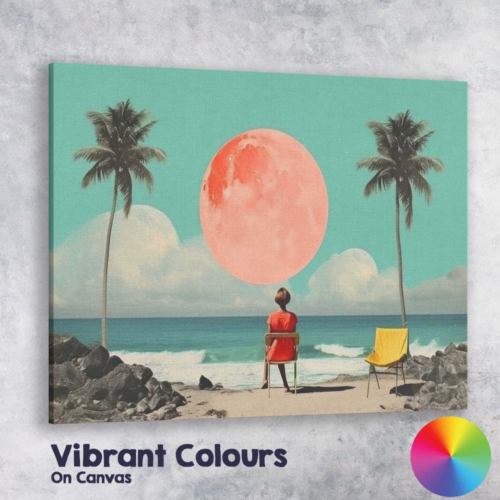 Dreamy Tropical Beach Pink Moon Coastal Landscape Canvas Wall Art Print Decor Picture Ready to Hang