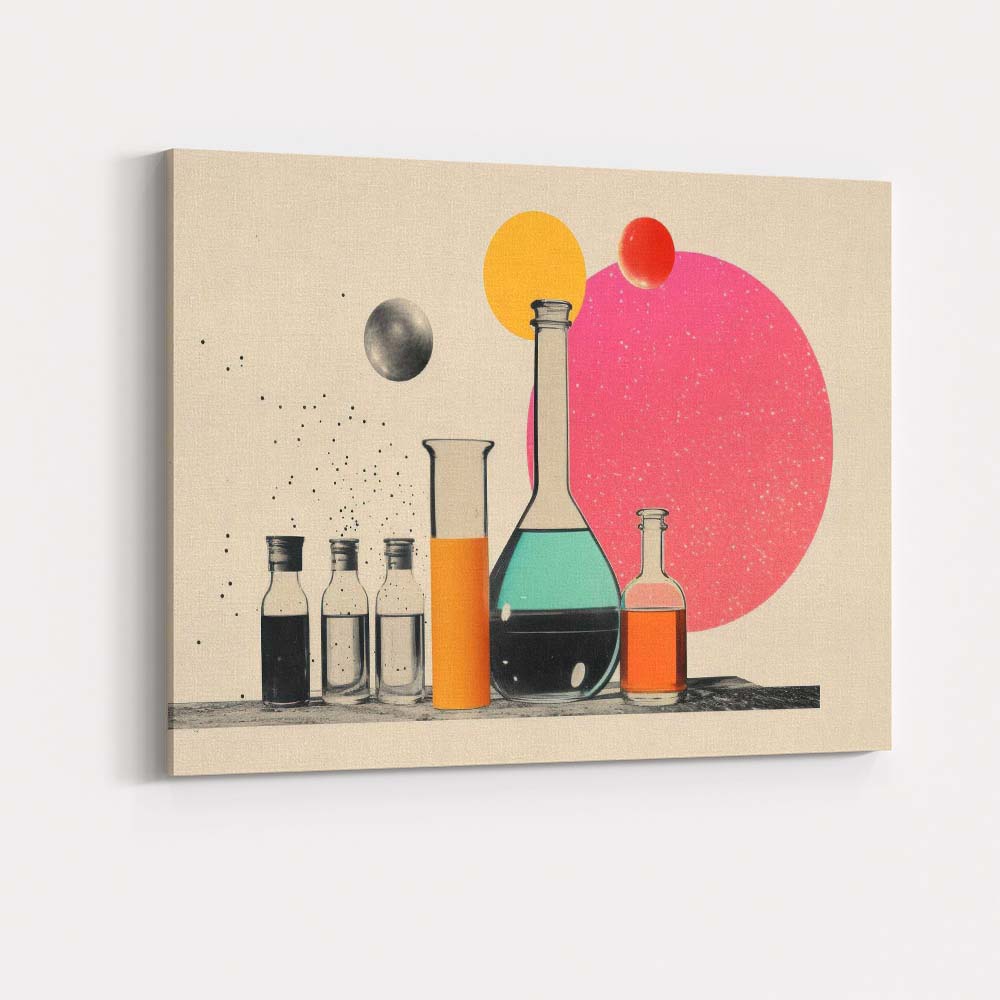 Retro Futuristic Laboratory Glass Bottles Abstract Still Life Canvas Wall Art Print Decor Picture Ready to Hang