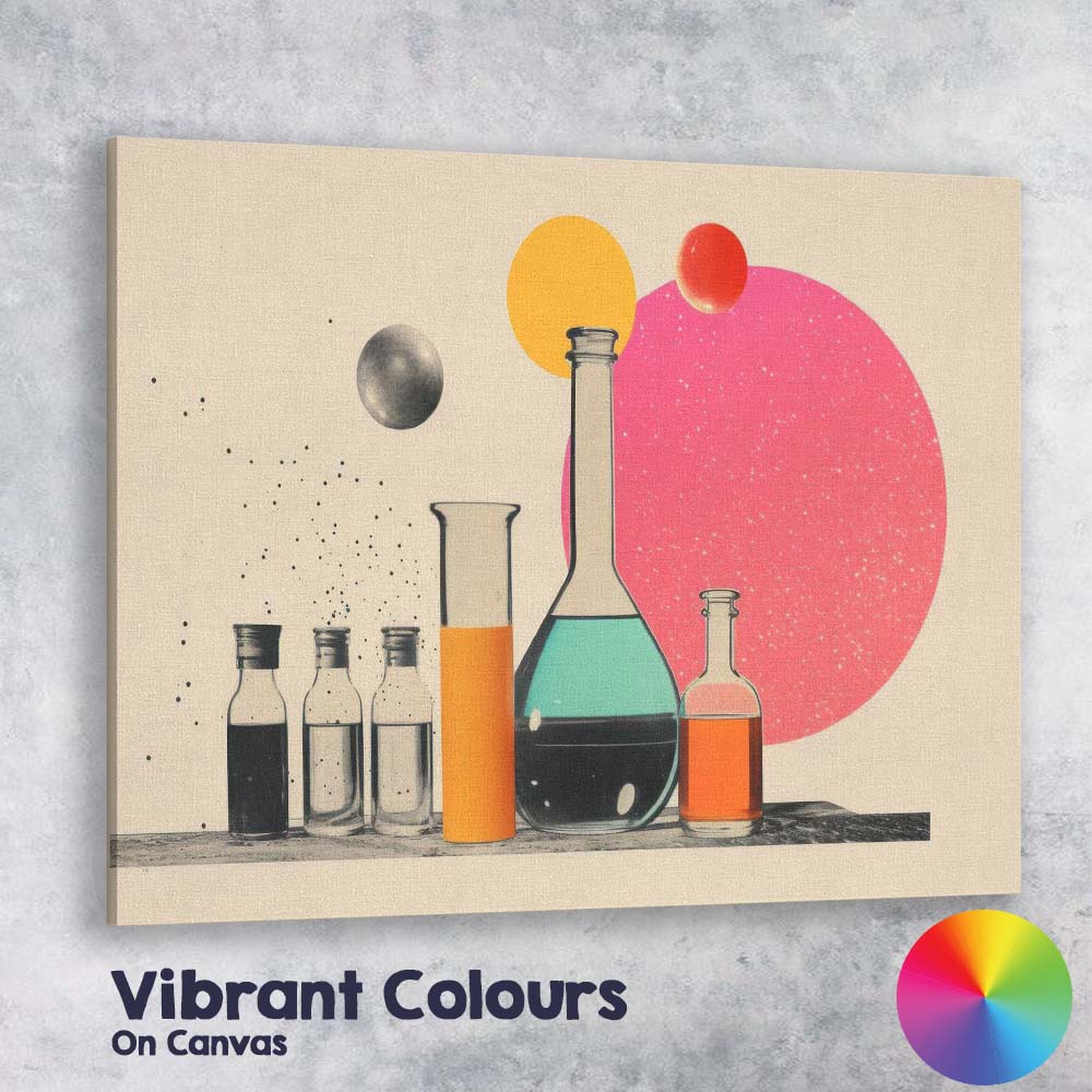 Retro Futuristic Laboratory Glass Bottles Abstract Still Life Canvas Wall Art Print Decor Picture Ready to Hang