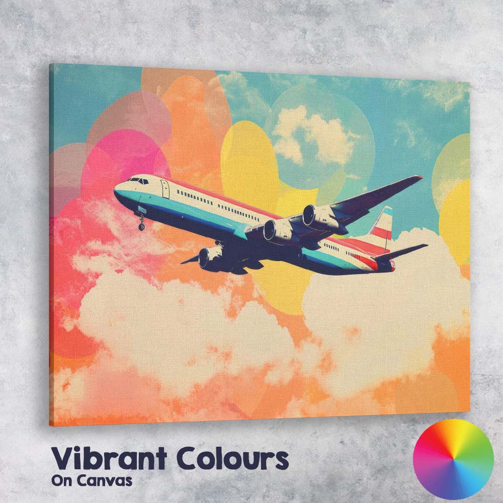 Colourful Retro Airliner Floating Above Clouds Pop Art Canvas Wall Art Print Decor Picture Ready to Hang