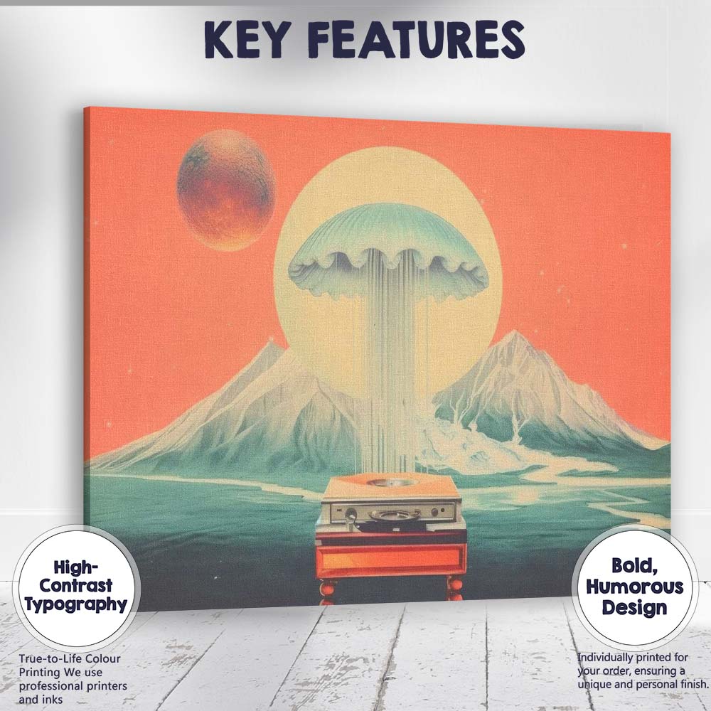 Surreal Jellyfish Record Player Mountain Landscape Canvas Wall Art Print Decor Picture Ready to Hang