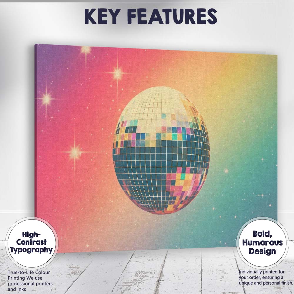 Retro Disco Mirror Ball Colourful Gradient Party Canvas Wall Art Print Decor Picture Ready to Hang