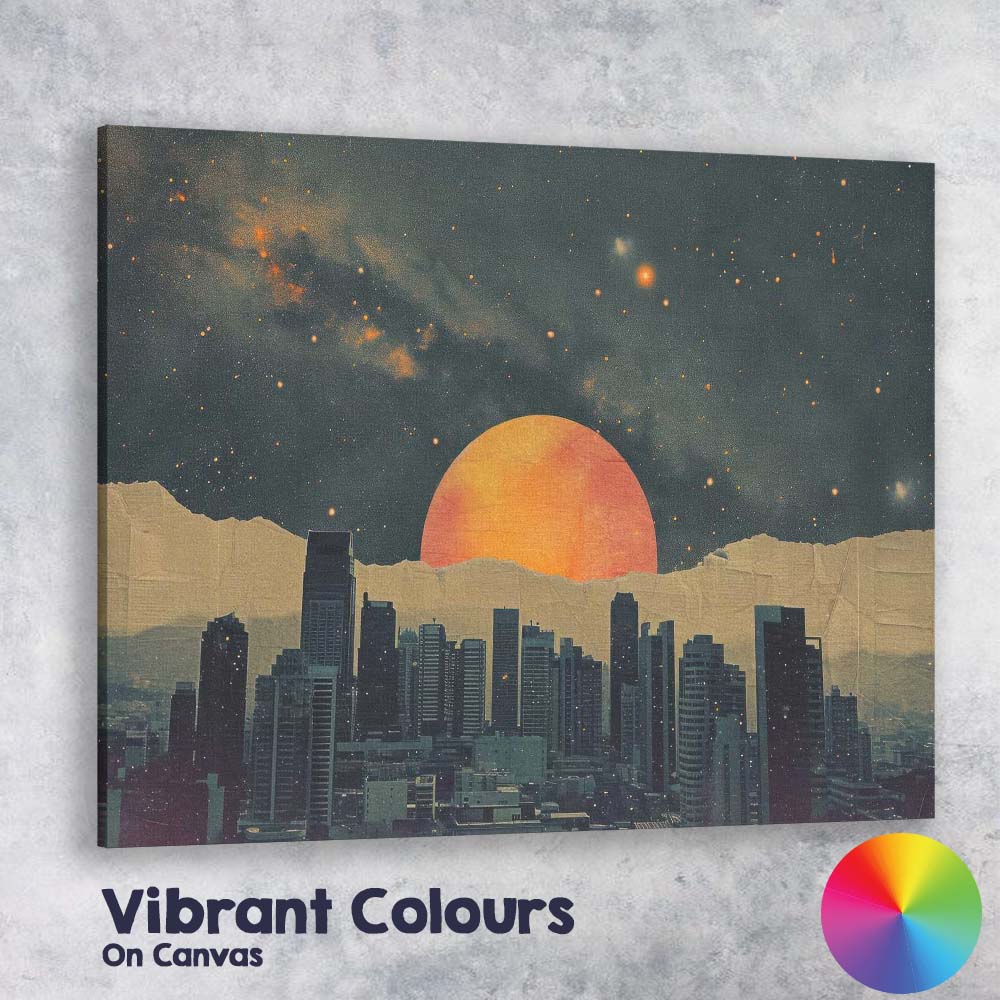 Night City Skyline Cosmic Sunset Celestial Landscape Canvas Wall Art Print Decor Picture Ready to Hang