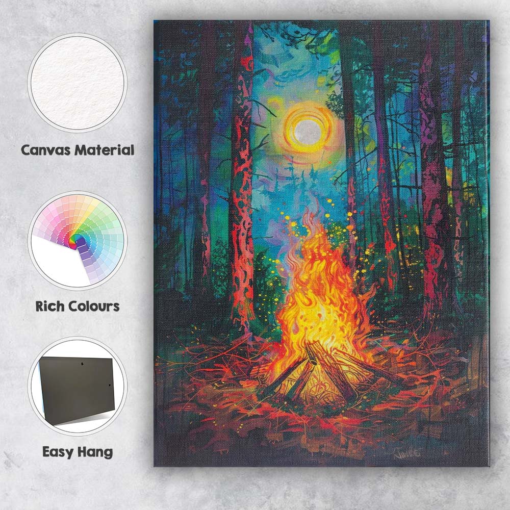 Colourful Moonlit Forest Campfire Woodland Landscape Expressionist Canvas Wall Art Print Decor Picture Ready to Hang