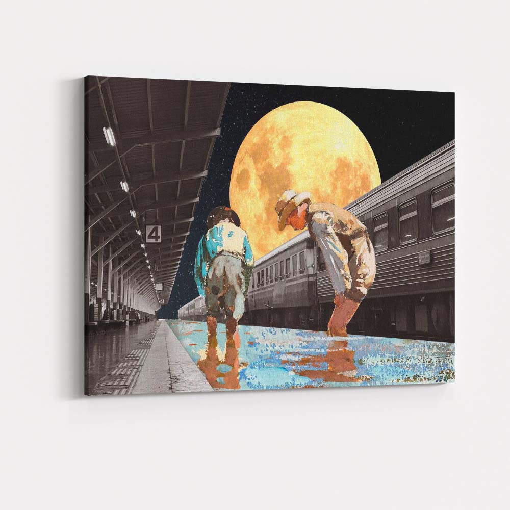 Surreal Moonlit Railway Platform Children Night Journey Collage Canvas Wall Art Print Decor Picture Ready to Hang