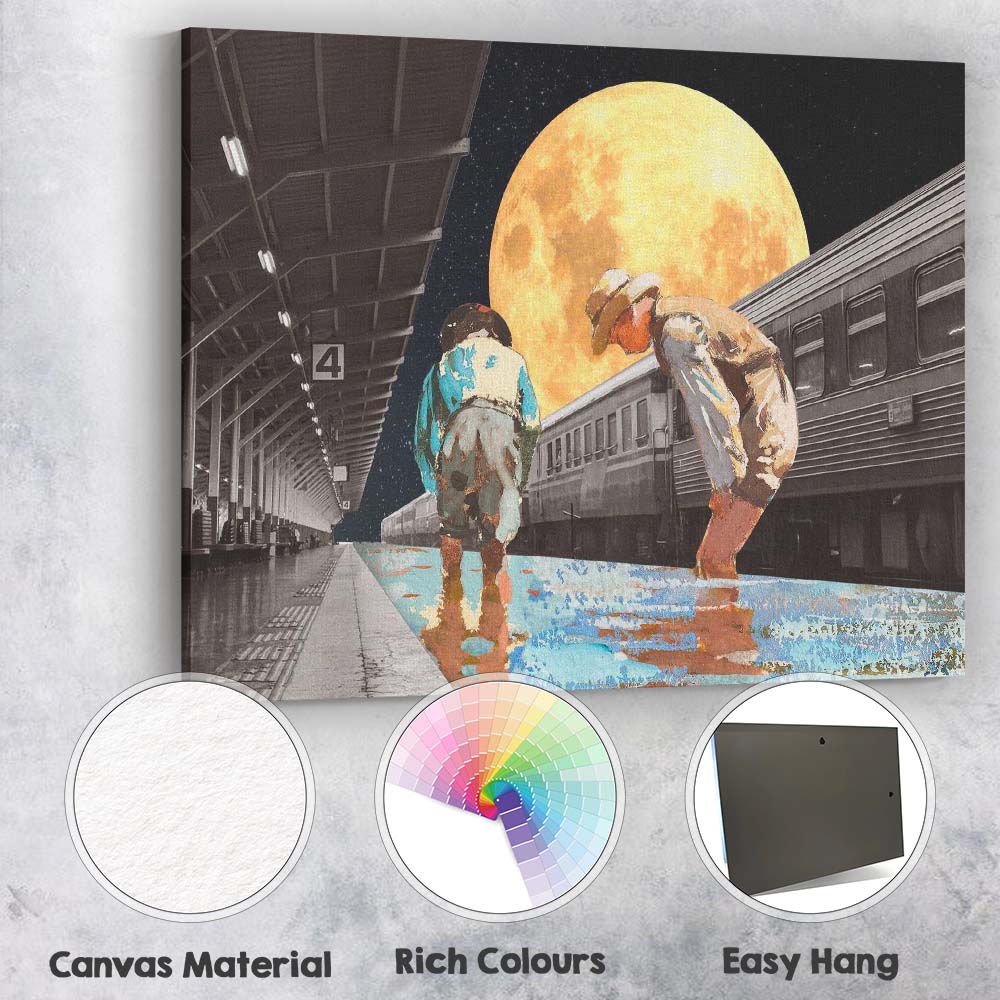 Surreal Moonlit Railway Platform Children Night Journey Collage Canvas Wall Art Print Decor Picture Ready to Hang