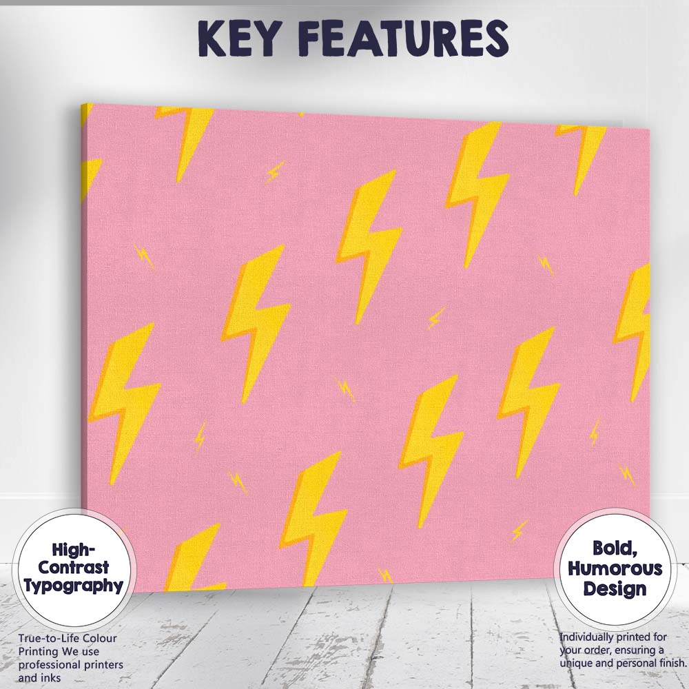 Pink Yellow Lightning Bolt Repeat Pattern Modern Pop Art Canvas Wall Art Print Decor Picture Ready to Hang