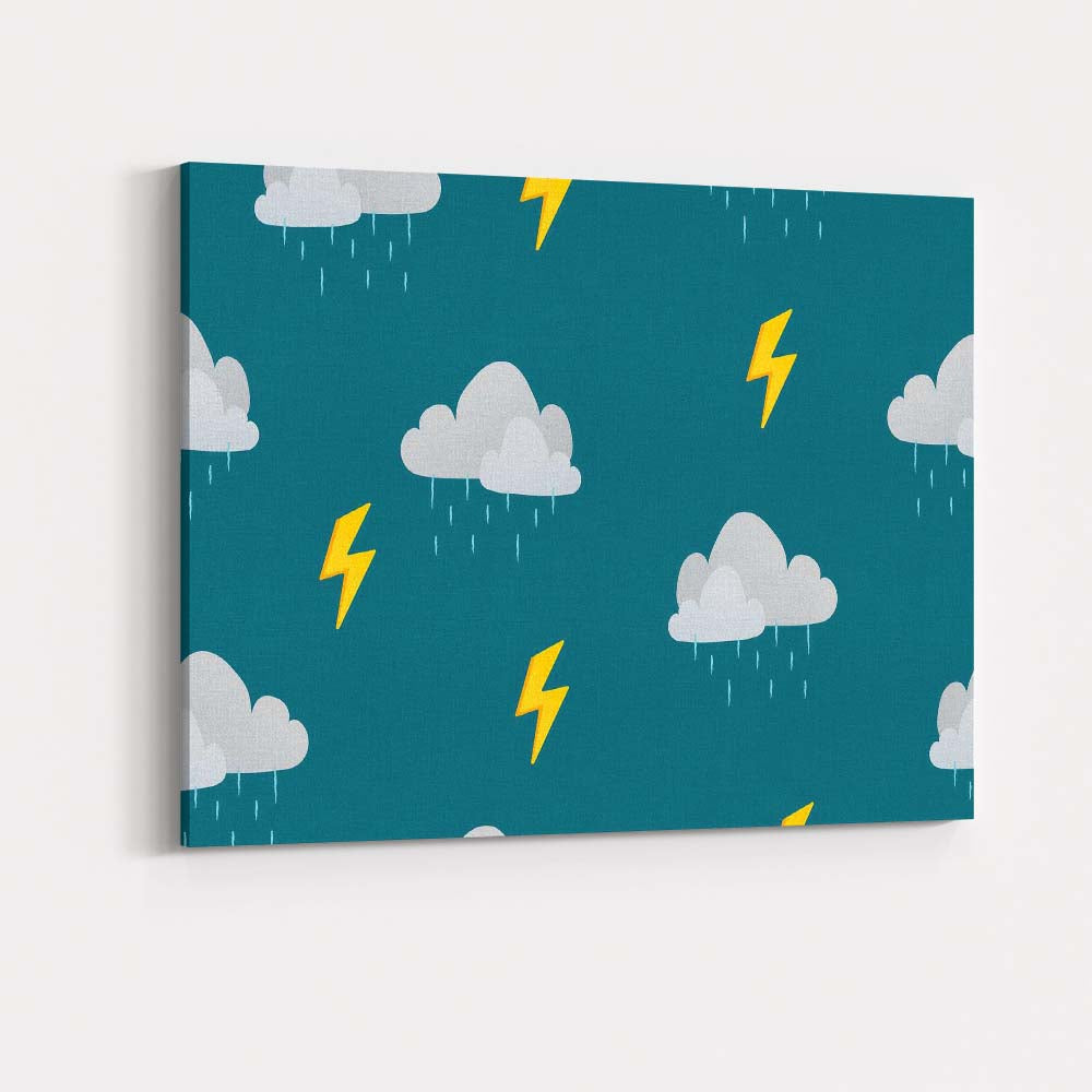 Teal Rain Cloud Lightning Weather Nursery Pattern Canvas Wall Art Print Decor Picture Ready to Hang