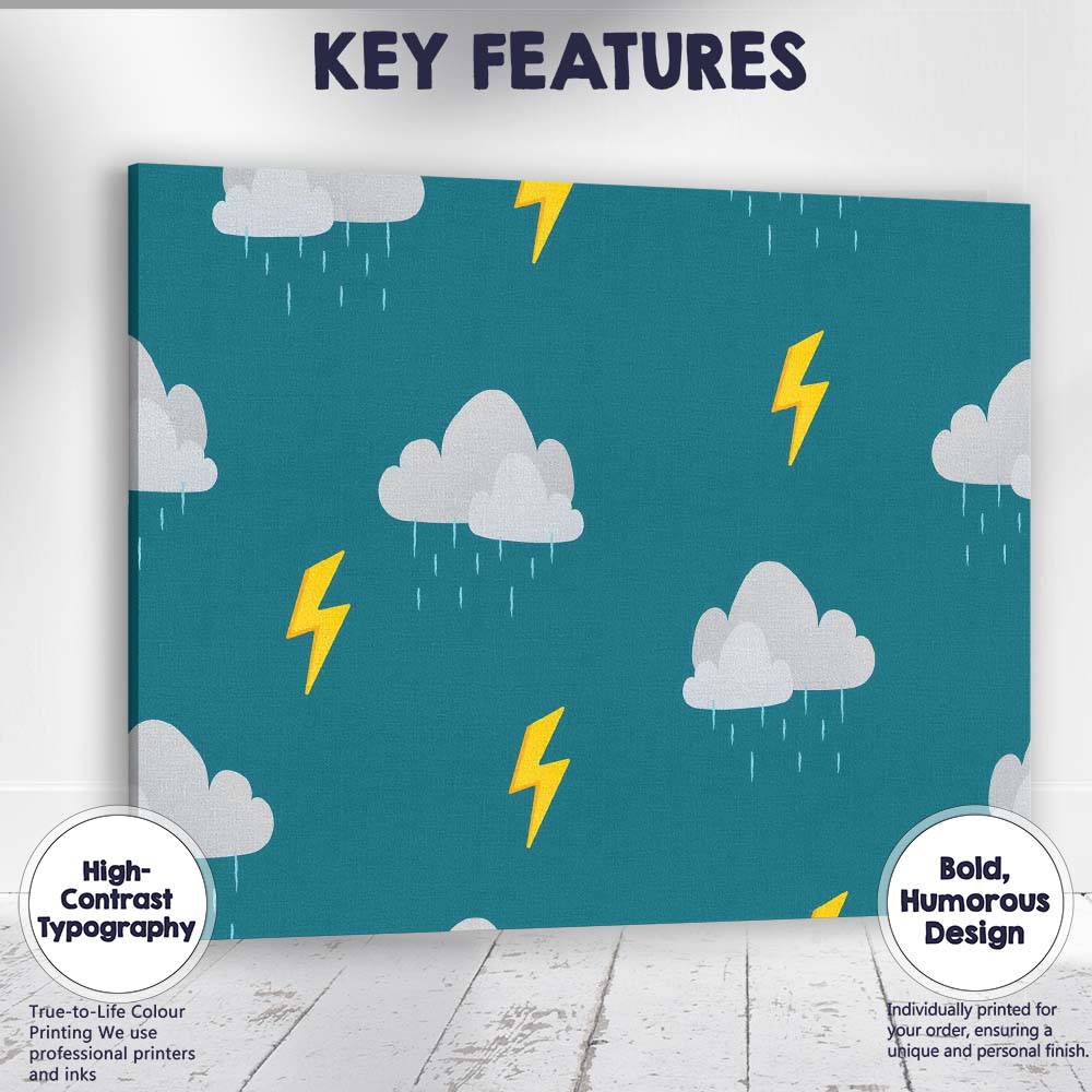Teal Rain Cloud Lightning Weather Nursery Pattern Canvas Wall Art Print Decor Picture Ready to Hang