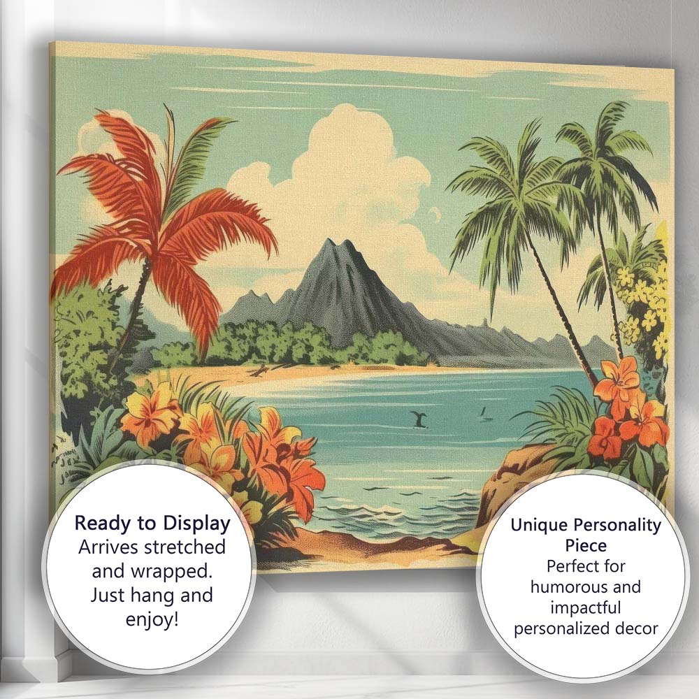 Retro Tropical Island Hibiscus Floral Paradise Landscape Canvas Wall Art Print Decor Picture Ready to Hang