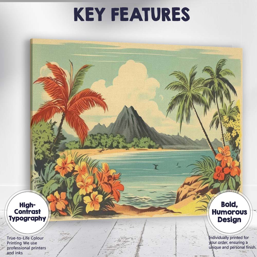 Retro Tropical Island Hibiscus Floral Paradise Landscape Canvas Wall Art Print Decor Picture Ready to Hang