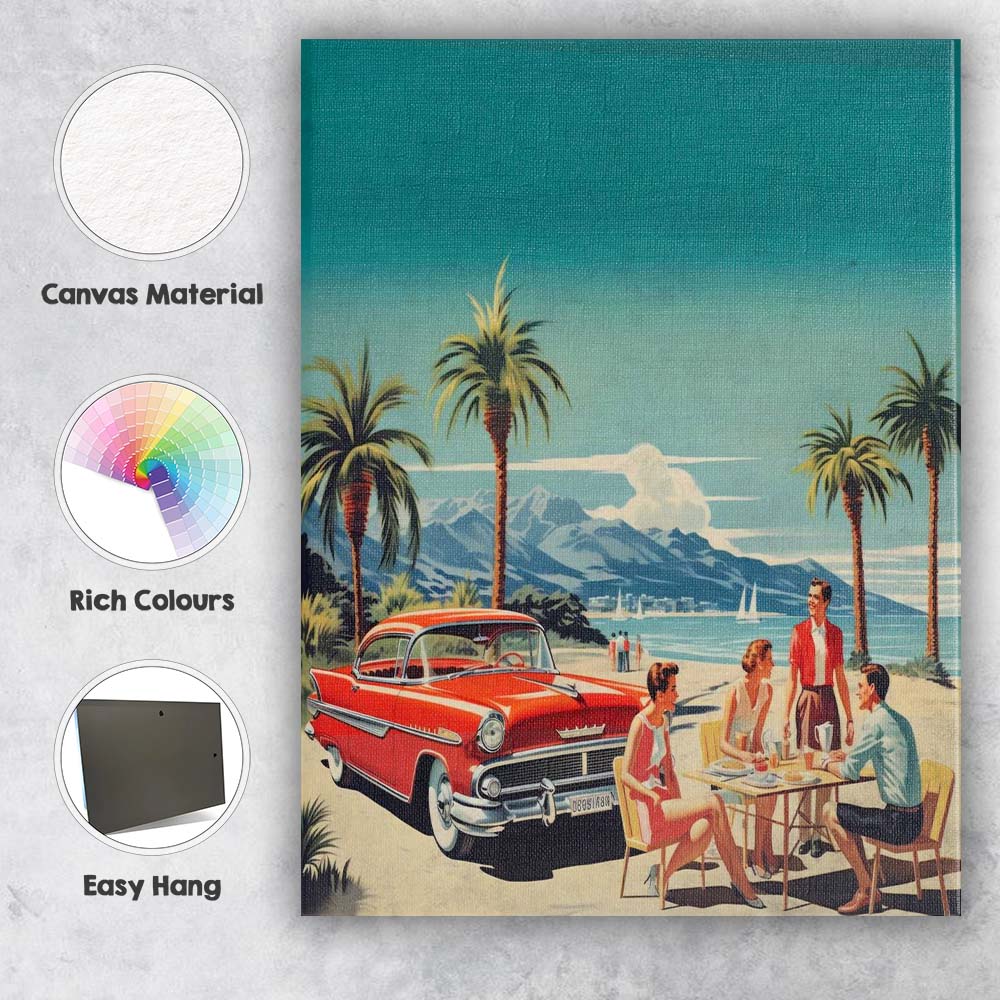 Retro Classic Red American Car Beach Picnic Coastal Holiday Canvas Wall Art Print Decor Picture Ready to Hang