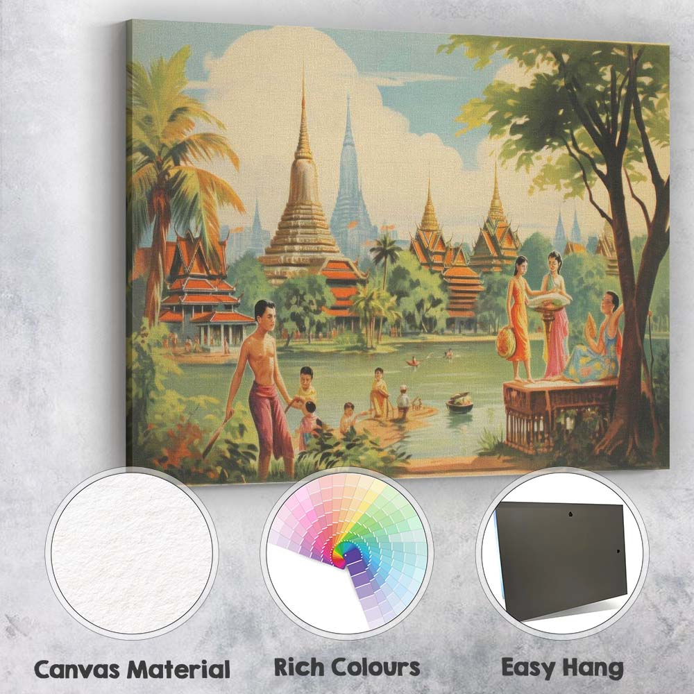 Traditional Thai Temple Riverside Cultural Landscape Canvas Wall Art Print Decor Picture Ready to Hang