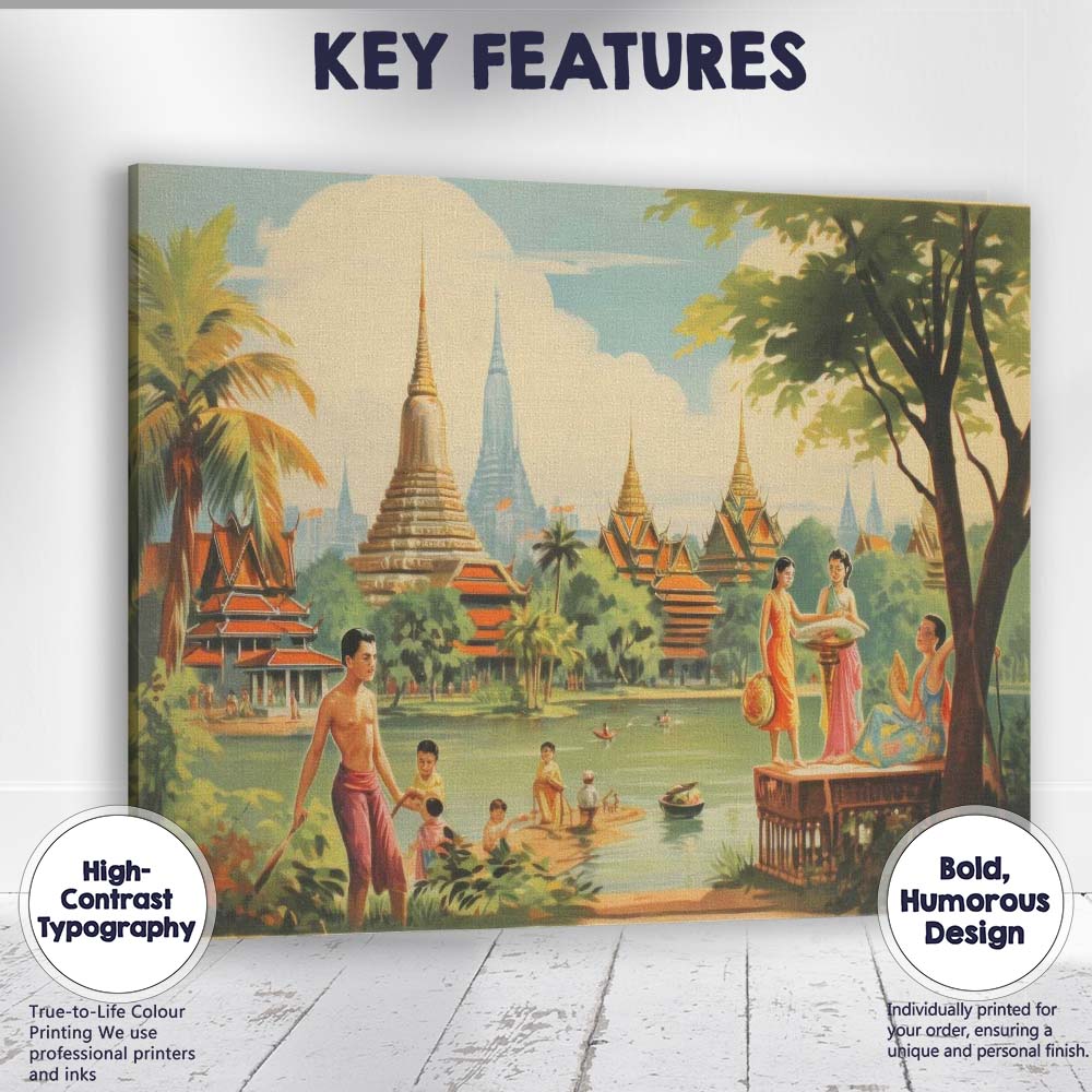 Traditional Thai Temple Riverside Cultural Landscape Canvas Wall Art Print Decor Picture Ready to Hang