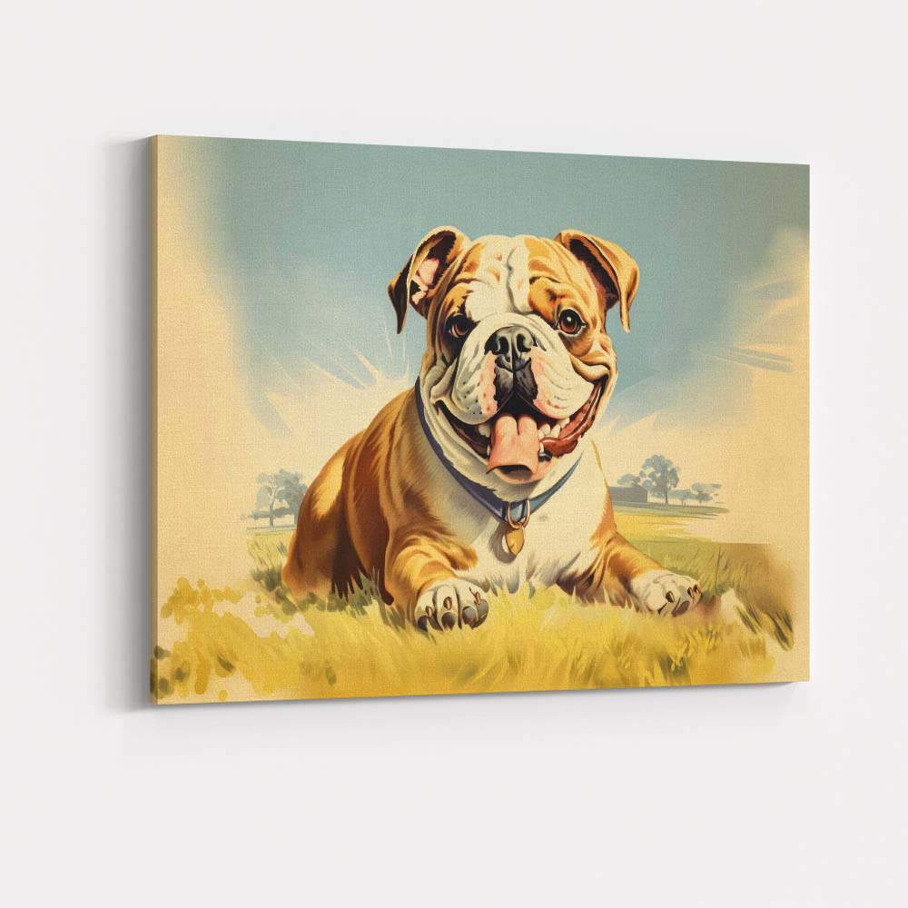 Smiling English Bulldog Resting on Grass Cute Dog Canvas Wall Art Print Decor Picture Ready to Hang