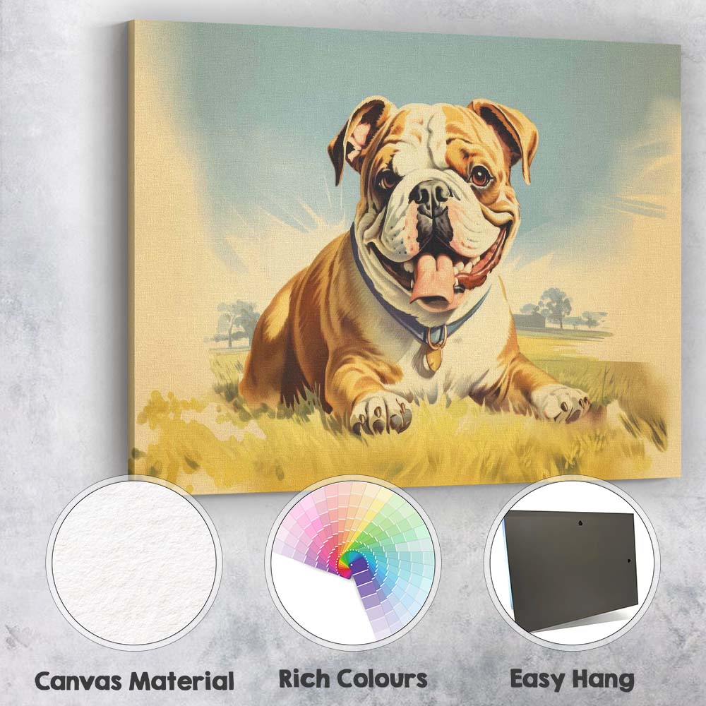 Smiling English Bulldog Resting on Grass Cute Dog Canvas Wall Art Print Decor Picture Ready to Hang