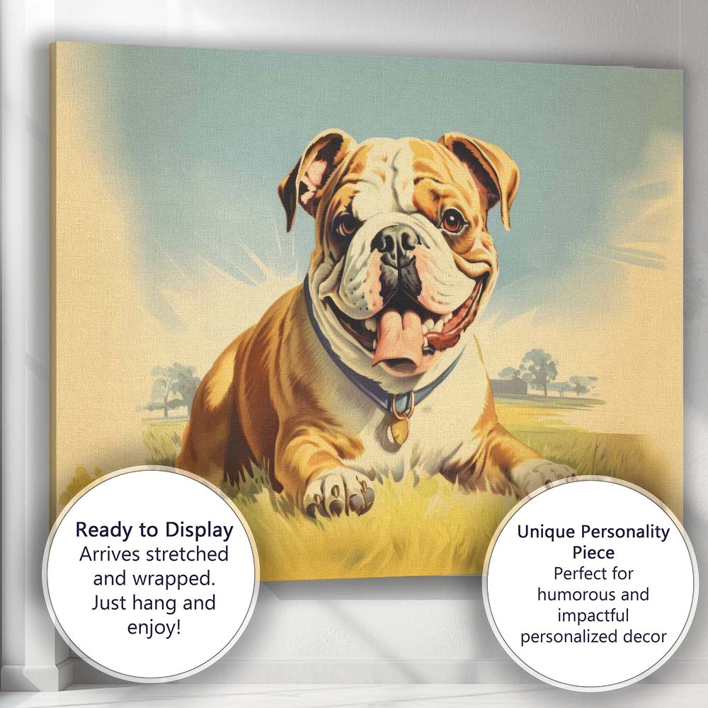 Smiling English Bulldog Resting on Grass Cute Dog Canvas Wall Art Print Decor Picture Ready to Hang