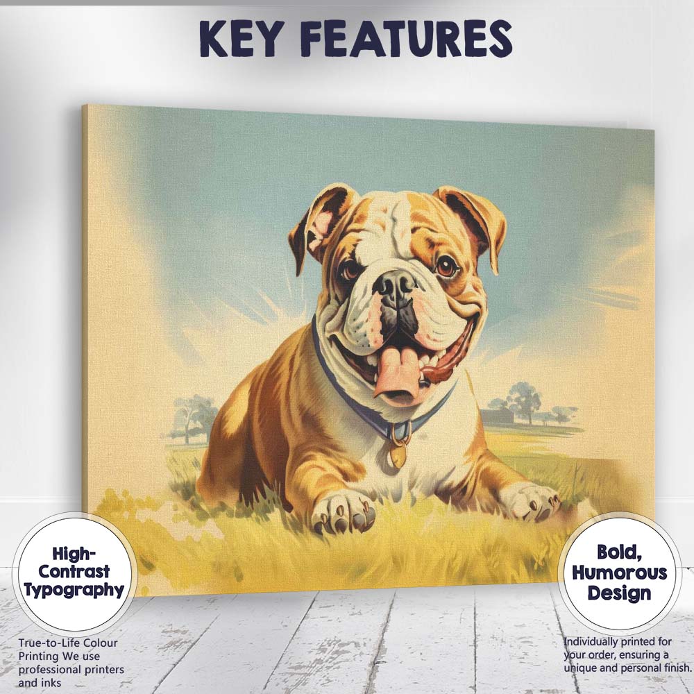 Smiling English Bulldog Resting on Grass Cute Dog Canvas Wall Art Print Decor Picture Ready to Hang