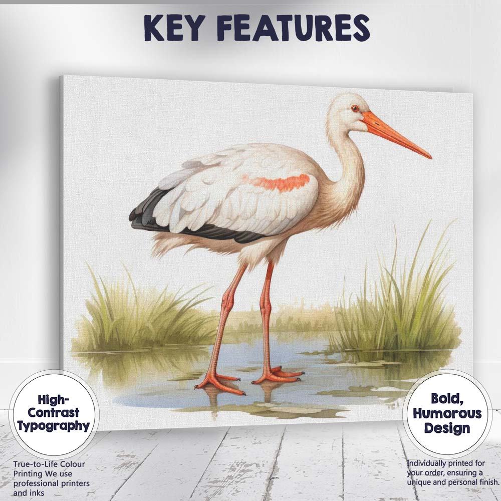 Elegant White Stork Wetland Wildlife Bird Illustration Canvas Wall Art Print Decor Picture Ready to Hang