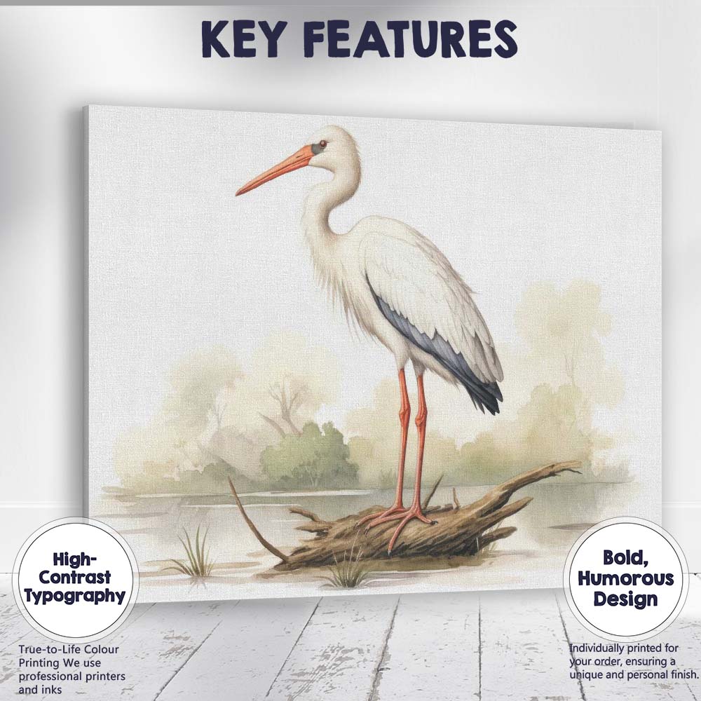 Graceful White Stork Standing on Driftwood Nature Illustration Canvas Wall Art Print Decor Picture Ready to Hang