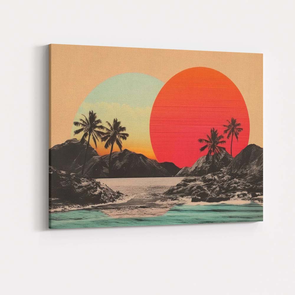 Retro Tropical Sunset Palm Tree Coastal Landscape Canvas Wall Art Print Decor Picture Ready to Hang
