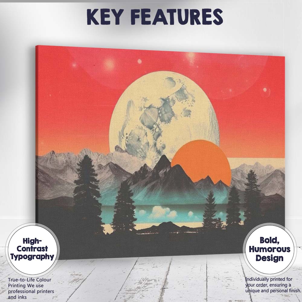 Surreal Moonlit Mountain Landscape Celestial Fantasy Illustration Canvas Wall Art Print Decor Picture Ready to Hang