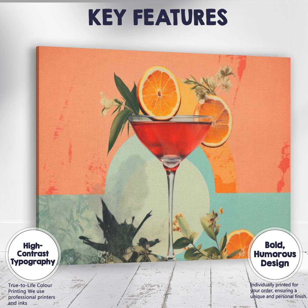 Contemporary Orange Citrus Cocktail Martini Glass Botanical Illustration Canvas Wall Art Print Decor Picture Ready to Hang