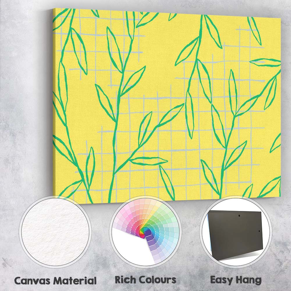 Minimalist Green Leaf Botanical Repeat Pattern Yellow Background Canvas Wall Art Print Decor Picture Ready to Hang