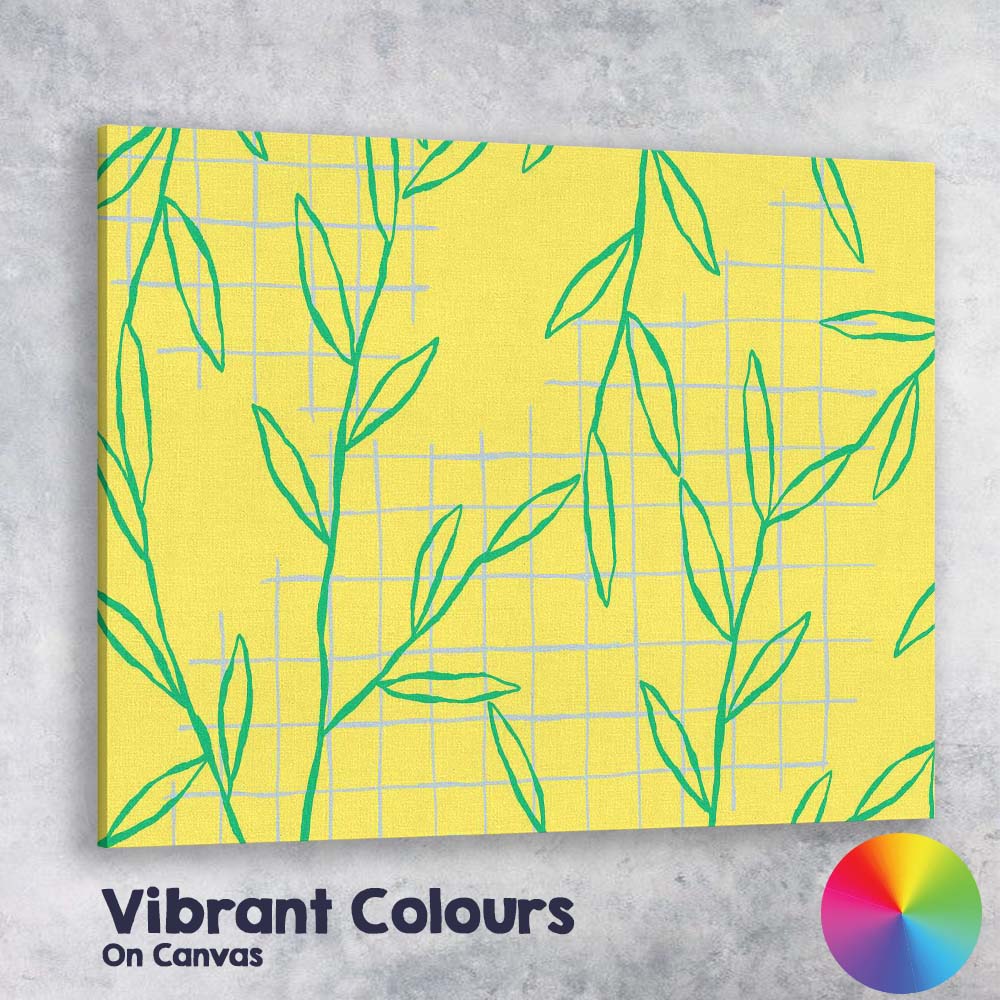 Minimalist Green Leaf Botanical Repeat Pattern Yellow Background Canvas Wall Art Print Decor Picture Ready to Hang