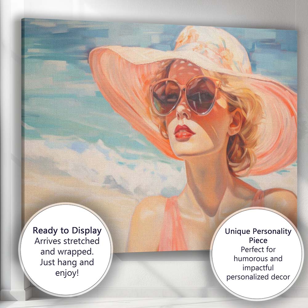 Elegant Beach Lady in Wide Brim Sun Hat Summer Fashion Portrait Canvas Wall Art Print Decor Picture Ready to Hang