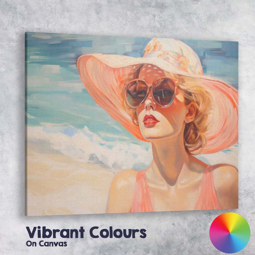 Elegant Beach Lady in Wide Brim Sun Hat Summer Fashion Portrait Canvas Wall Art Print Decor Picture Ready to Hang