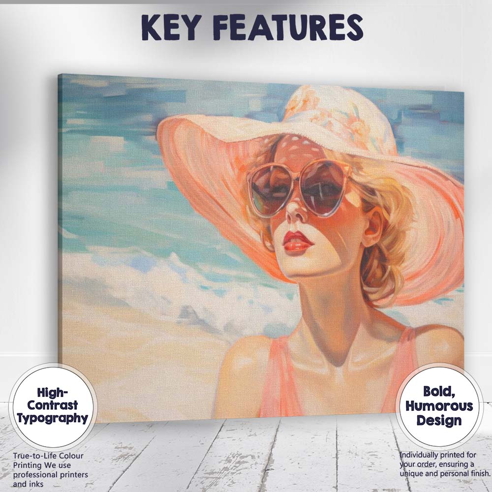 Elegant Beach Lady in Wide Brim Sun Hat Summer Fashion Portrait Canvas Wall Art Print Decor Picture Ready to Hang